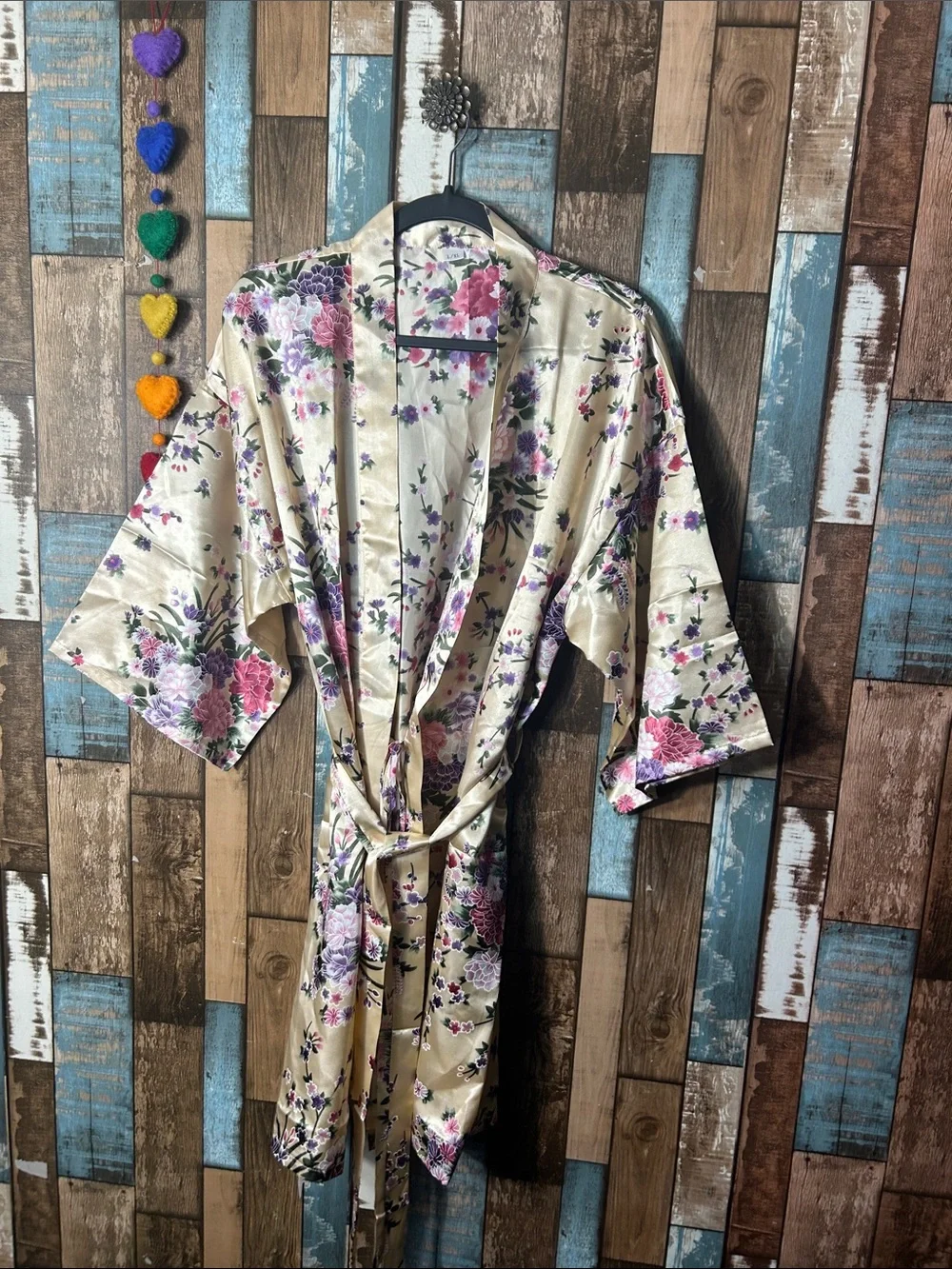 Floral Satin Robe in Cream with Pink & Purple Flowers